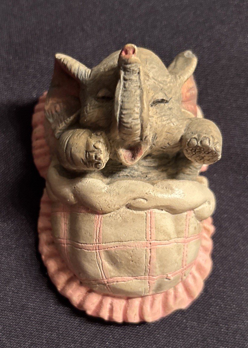VTG Satis-5 Bisque Nursery Room Figurine Elephant Swaddled Pink Blanket ❤️- RARE
