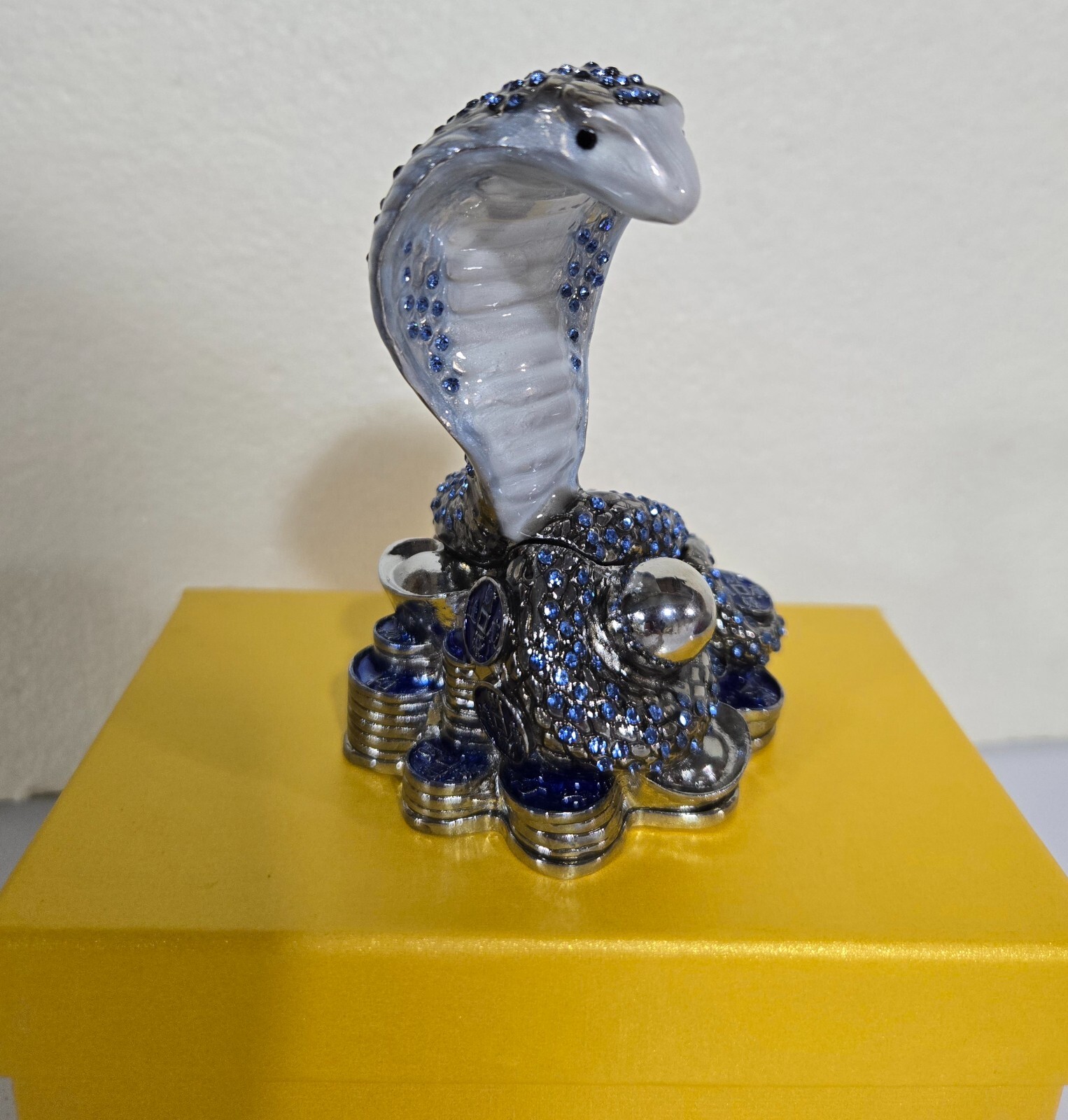 Bejeweled Snake Trinket Box For Wealth Blue Crystals With Enamel Hinged NIB