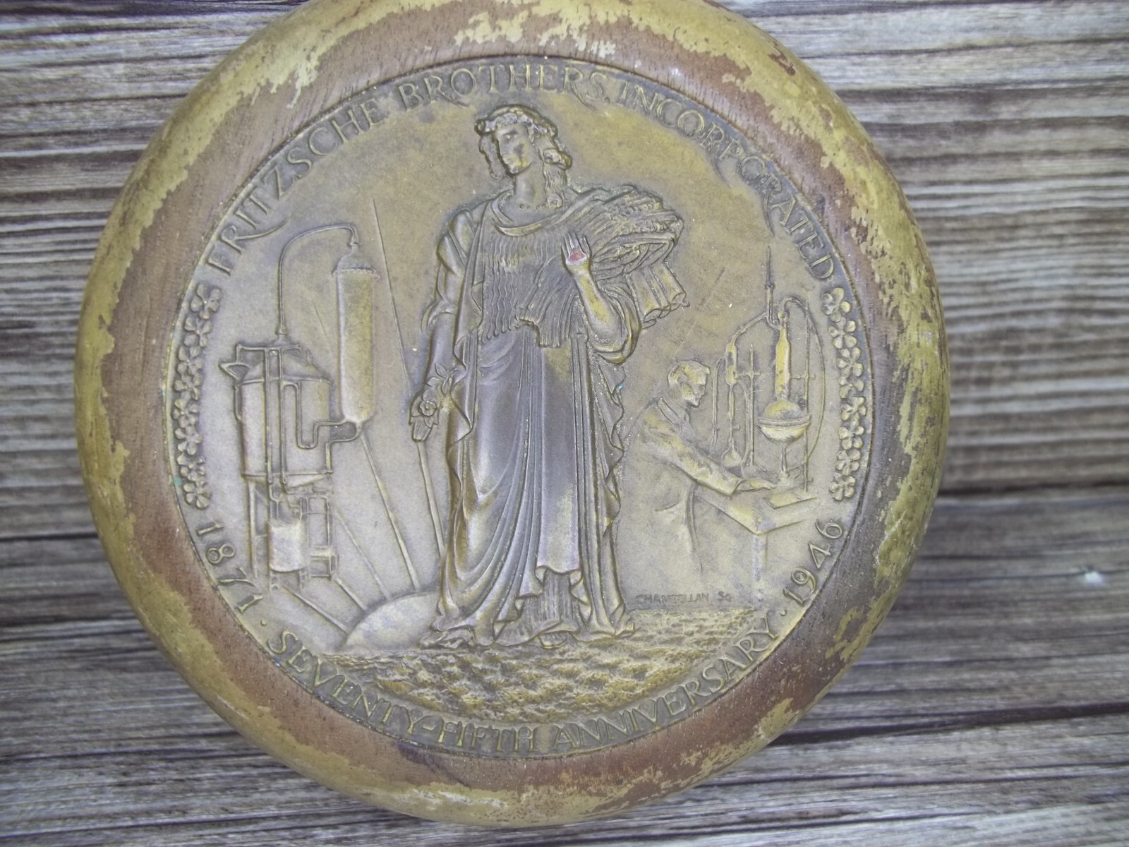 Vintage paperweight wood & metal Fritzsche Bros. 75 years  1871-1946         Z35