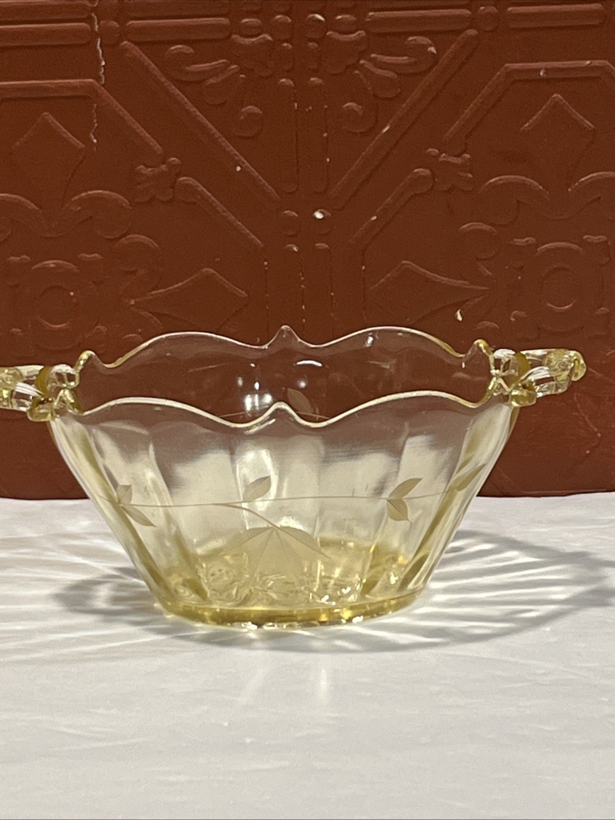 Vintage Lancaster Yellow Etched Depression Glass 2 Handled Bowl Cane Bottom 6.5\