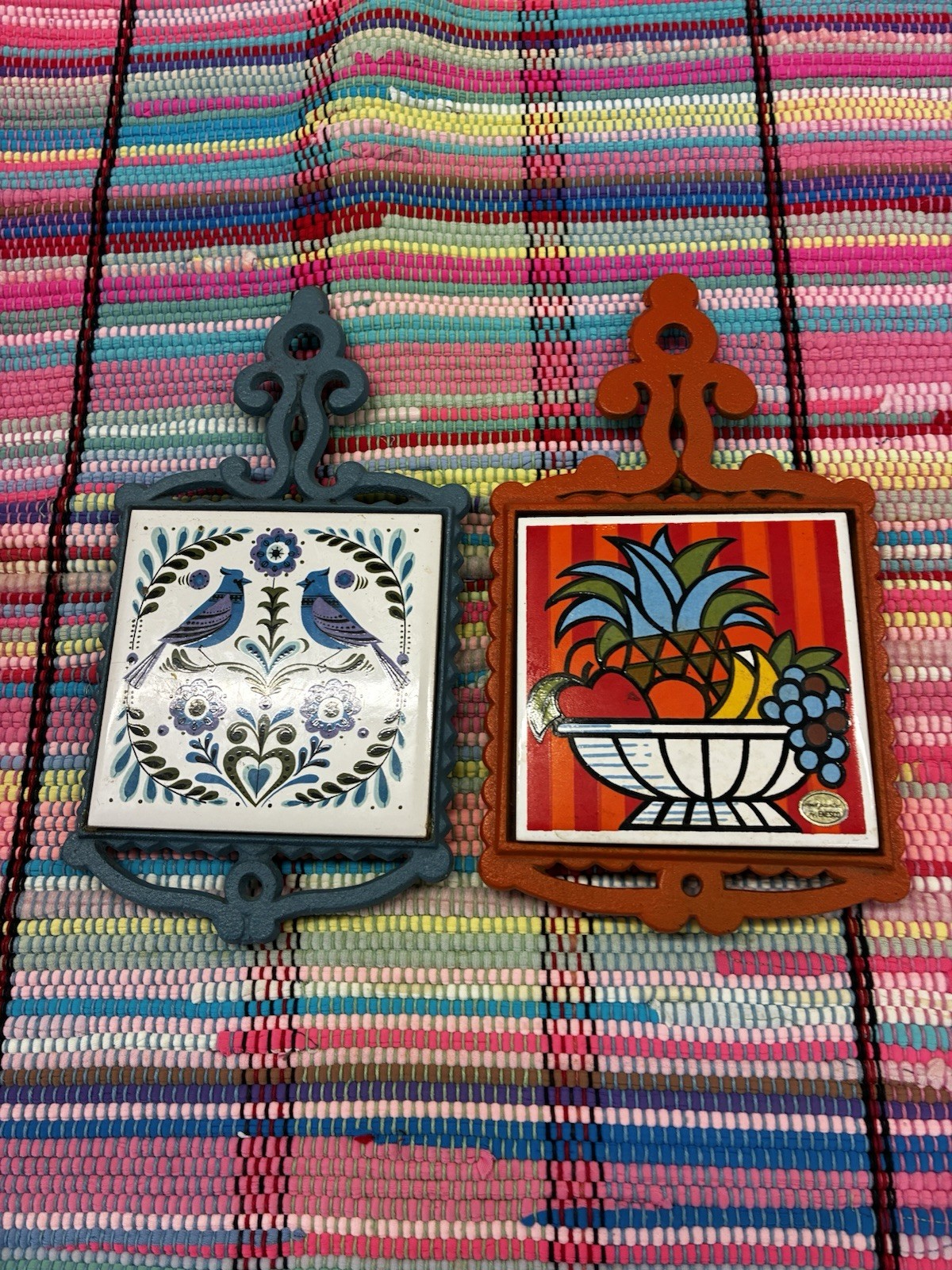 2-Vntg 70s Birds Fruit Cast Iron Trivet Tile Japan Enesco Cottage Kitchen MCM