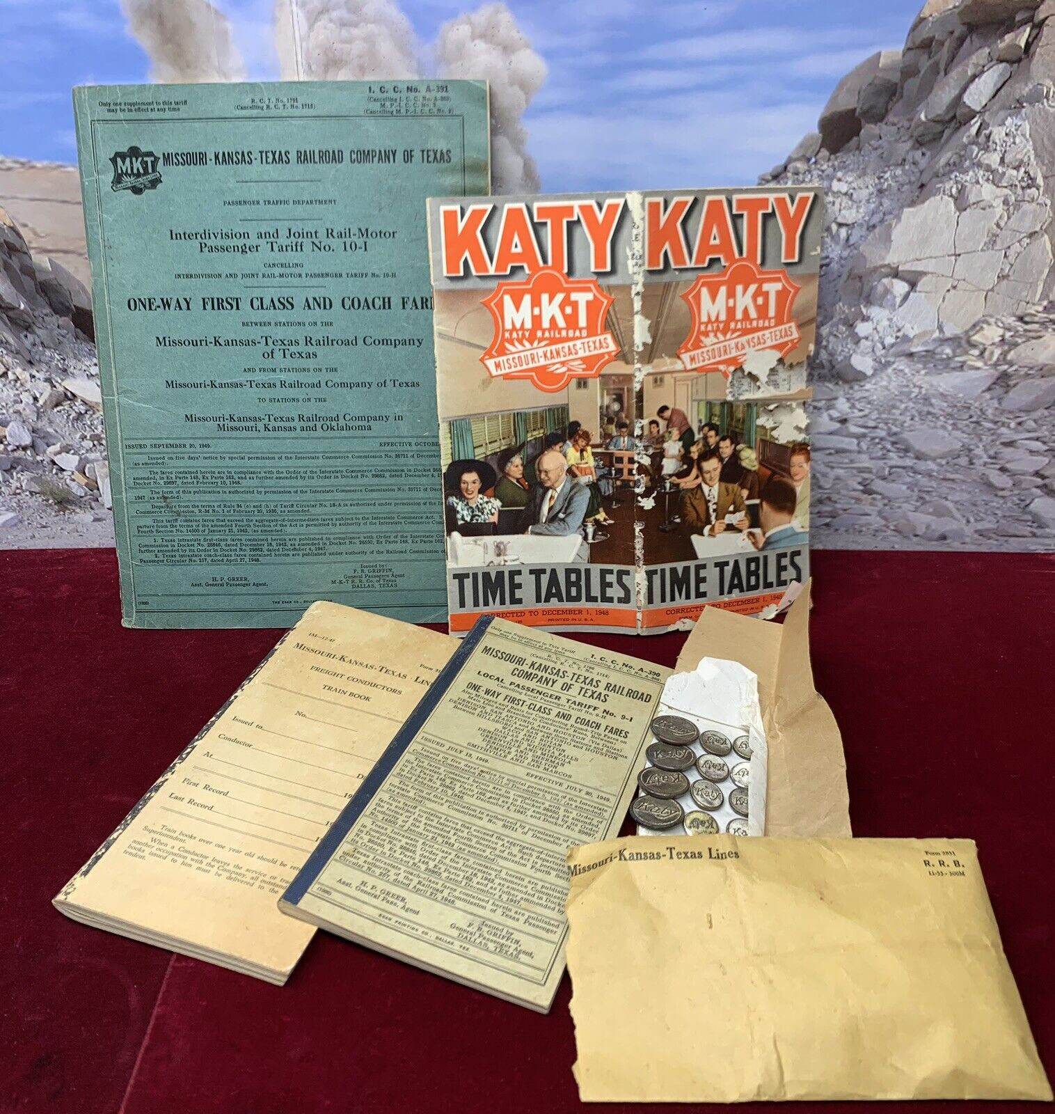 Vintage MKT Katy Railroad Ephemera Lot Texas Special Porter Buttons Conductor 49