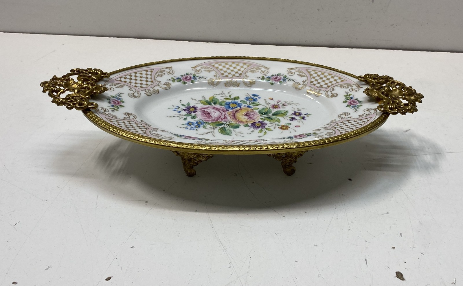 Limoges Porcelain Footed Centerpiece Bowl Floral Gold Ornate Metal Mount 11.5