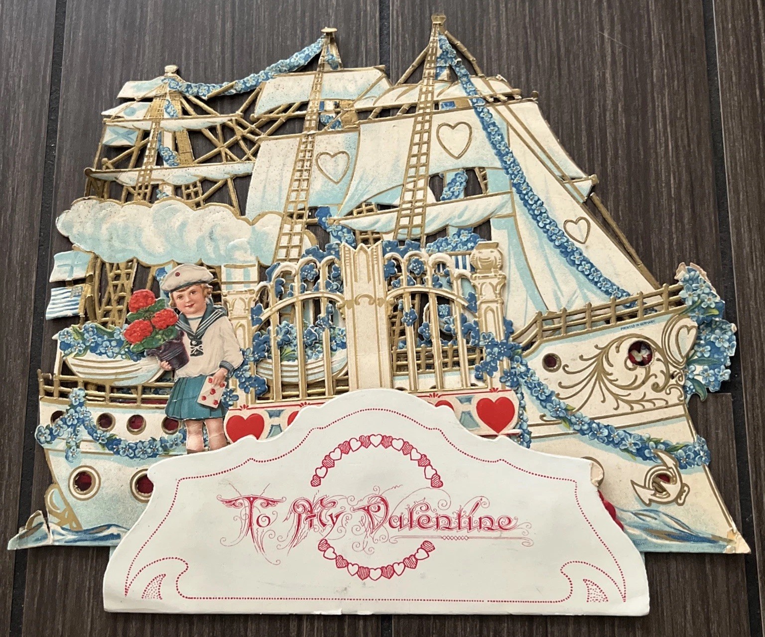 Antique Vintage VALENTINES DAY Ship Card Germany Diecut Mechanical Boy Girl Love