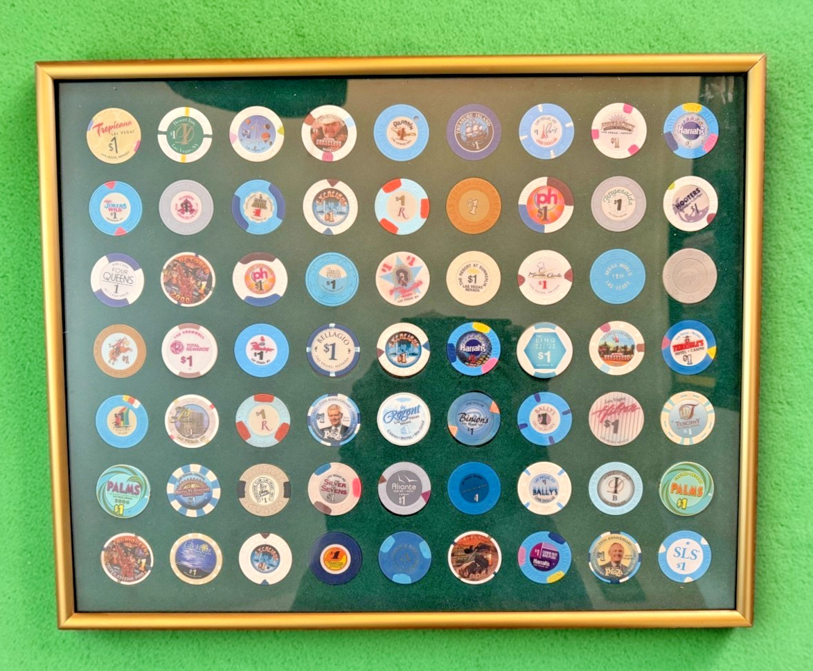 63 Vintage Las Vegas Casino $1 Chips Framed Collection –Riviera Sahara Tropicana
