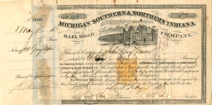 John Guy Vassar - 1868 dated Michigan Southern and Northern Indiana Railroad Co.