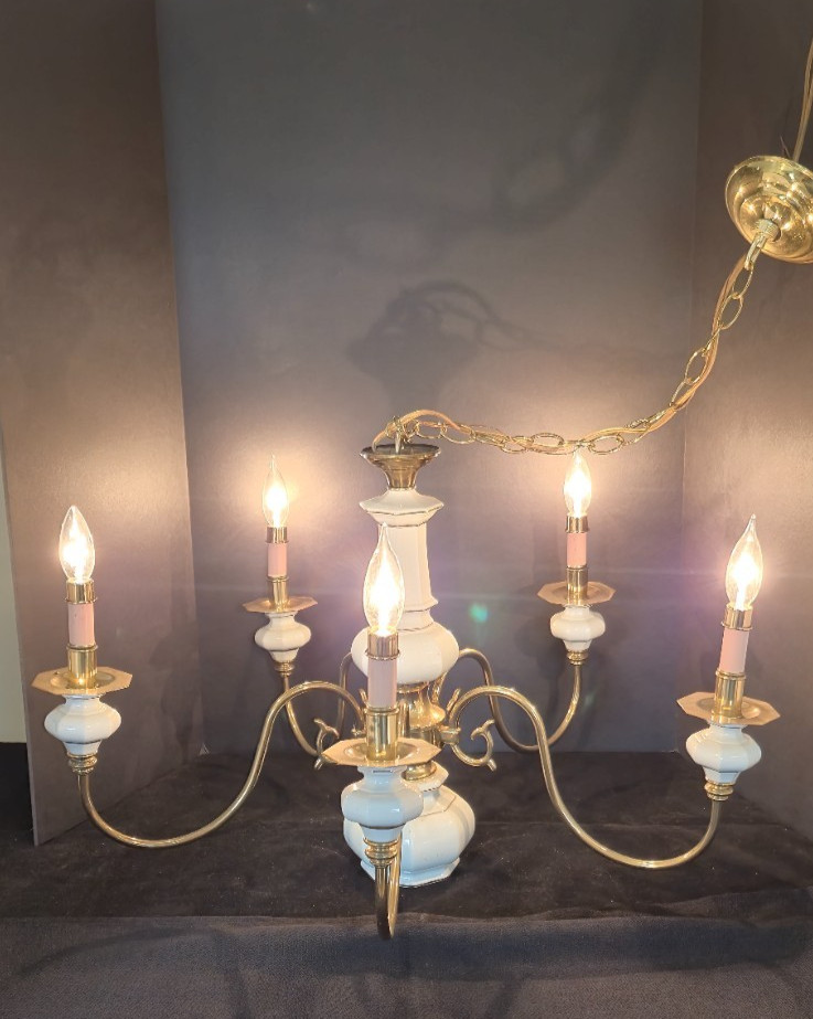 Vintage Porcelain Ceramic Brass 5 Arm Chandelier Light Lamp Fixture Candelabra Vintage Porcelain Ceramic Brass 5 Arm Chandelier Light Lamp Fixture Candelabra