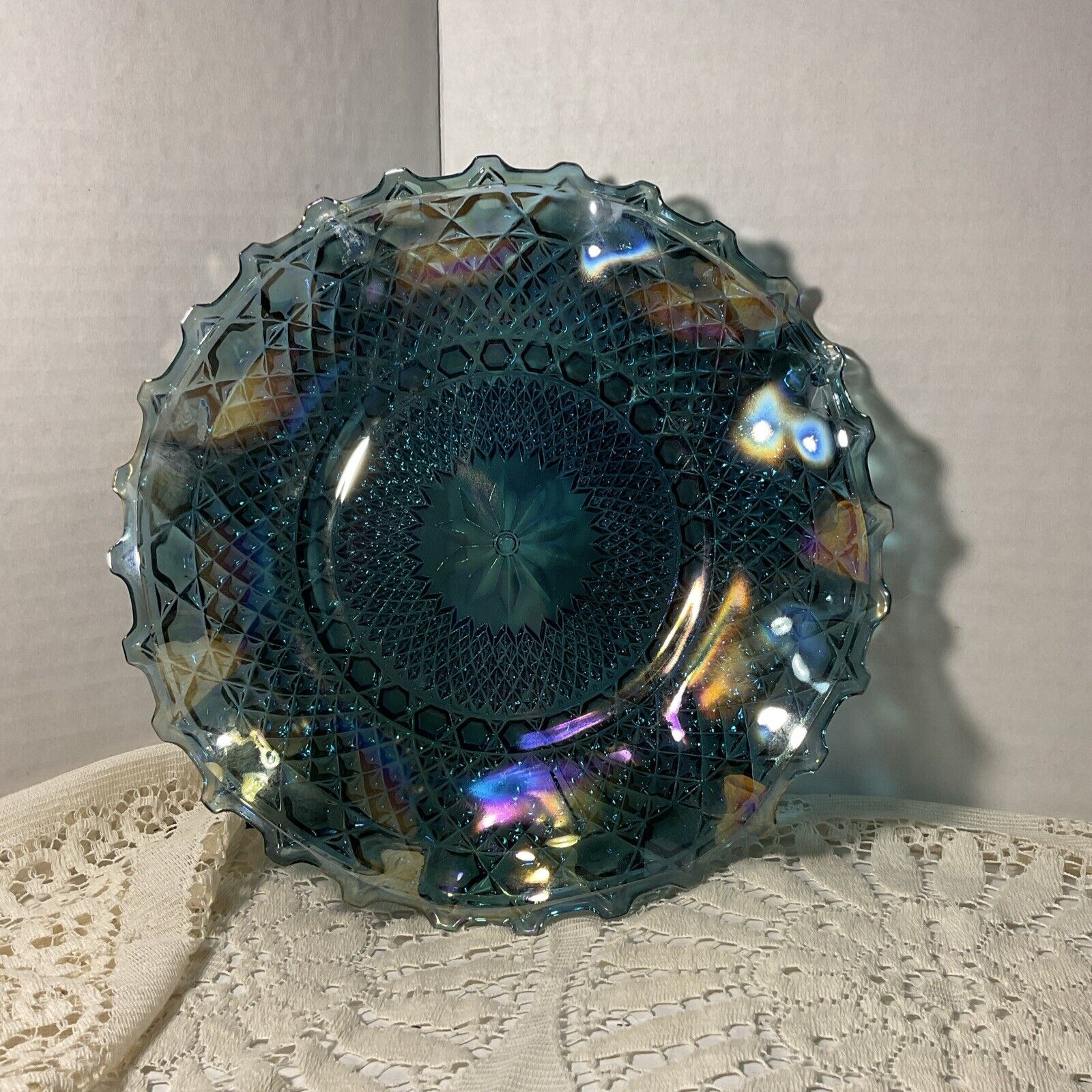 Vintage Carnival Glass Bowl- Iridescent Blue Indiana Glass With Ruffled Edge