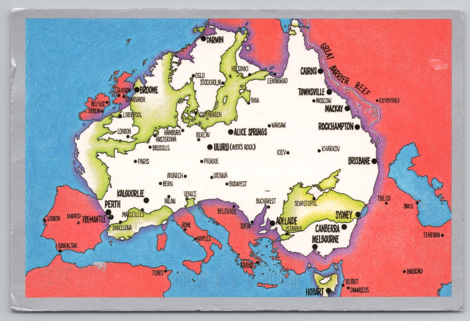 Overlaying Maps Demonstrate Enormous Size of Australian Continent Postcard
