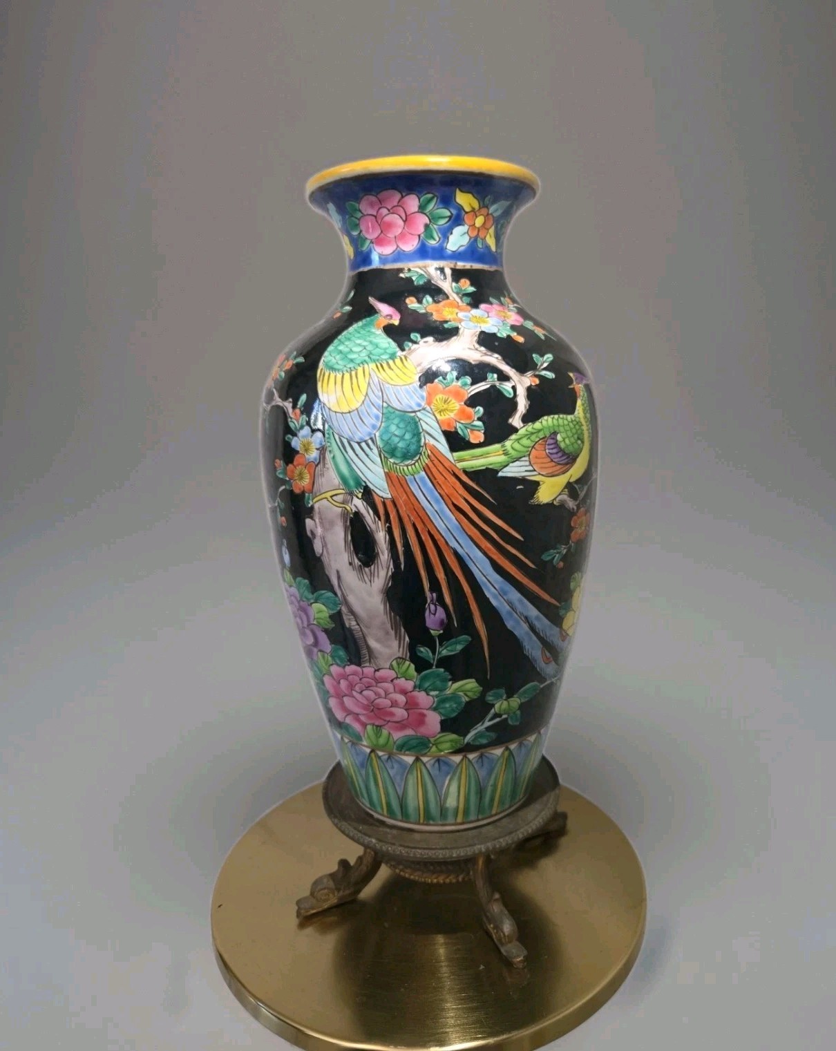 Vintage Made in Japan Chinoiserie Bird Floral Black Porcelain Vase Brass Stand