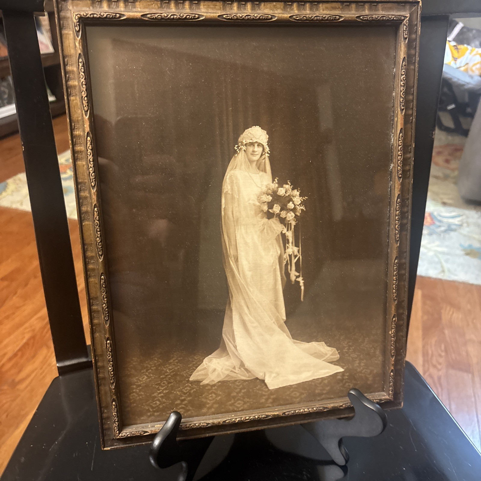 Antique 1920s Art Deco Wood Gilt Frame Wedding Groom Photo Mrs Eva Dean Young