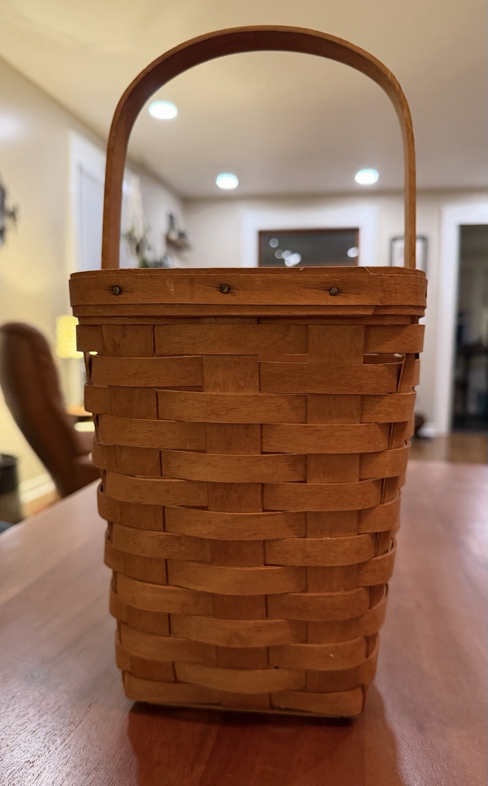 Vtg 1999 Longaberger Tall Tissue Basket Handwoven Wood Handle Signed 7.5\