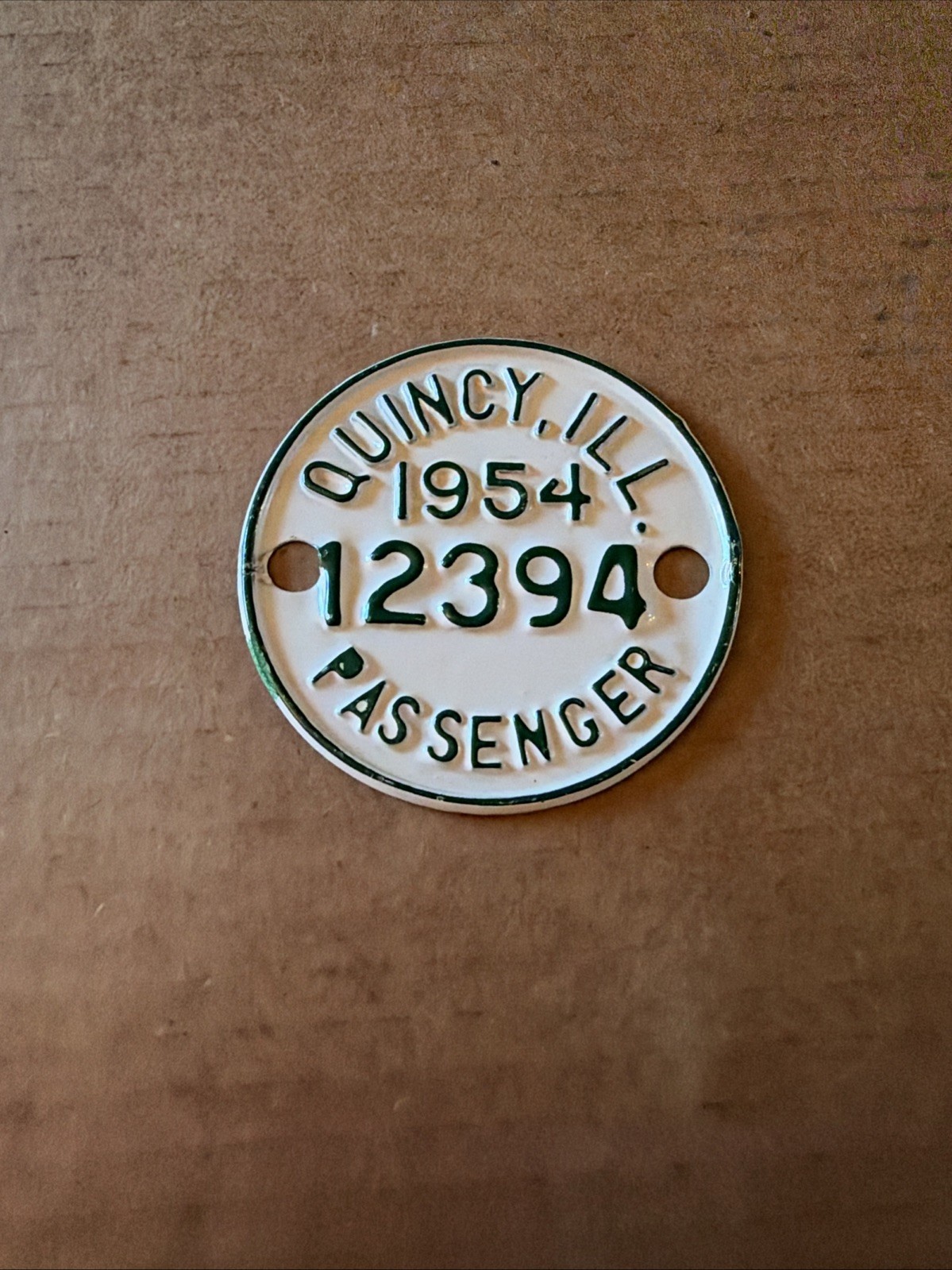 Vintage 1954 Quincy Illinois Vehicle Tax Tag Passenger #12394