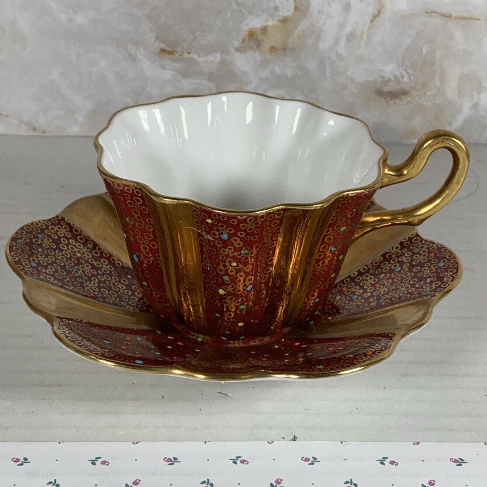Royal Stuart Burgundy with Gold Chintz Fluted Tea Cup and Saucer Raised Dots