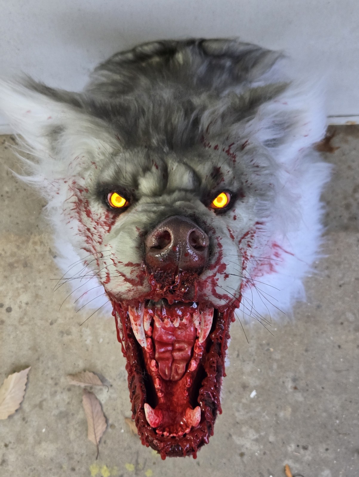 Bloody white werewolf wall decoration with glowing yellow eyes Halloween horror