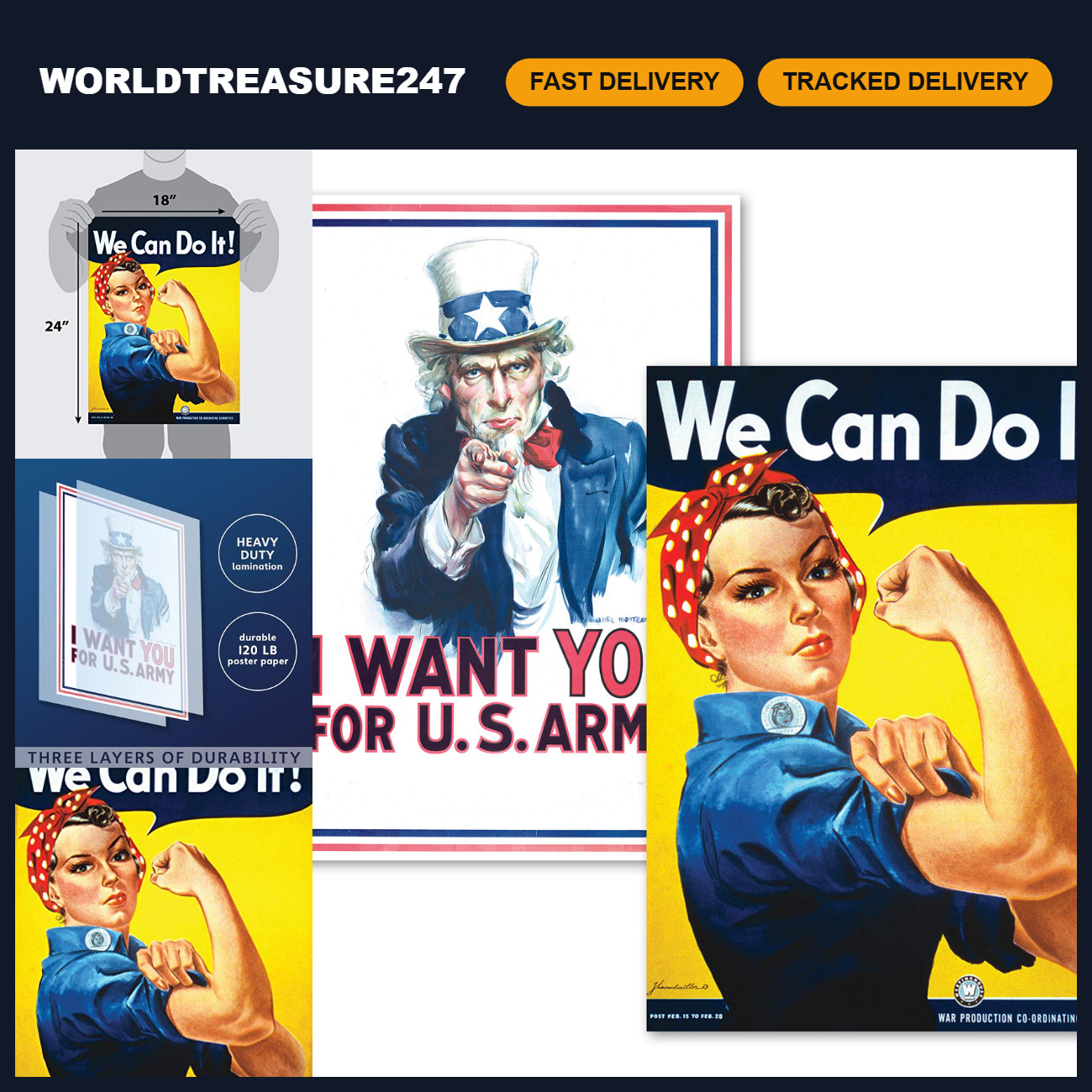 2 Pack WWII Posters - Uncle Sam & Rosie the Riveter - Laminated 18x24