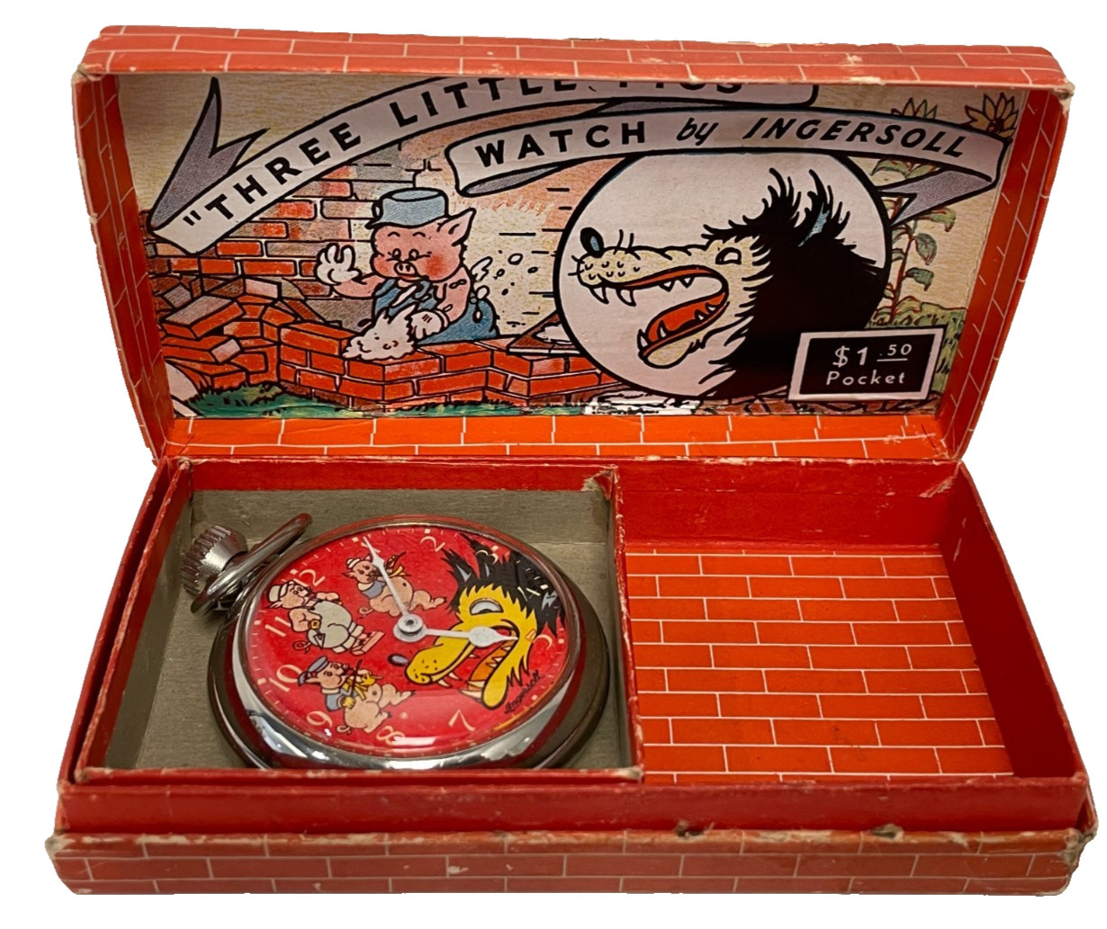 1930s THE BIG BAD WOLF INGERSOLL POCKET WATCH EXCELLENT IN BOX 1930s THE BIG BAD WOLF INGERSOLL POCKET WATCH EXCELLENT IN BOX