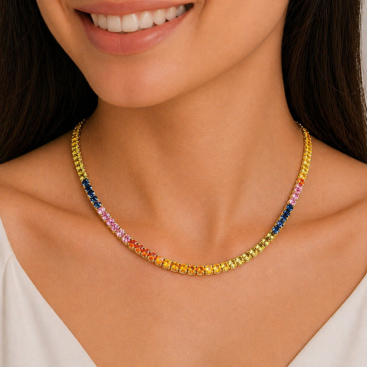 14CT Round Cut Lab-Created Rainbow Sapphire Tennis Necklace 14K Yellow Gold Over