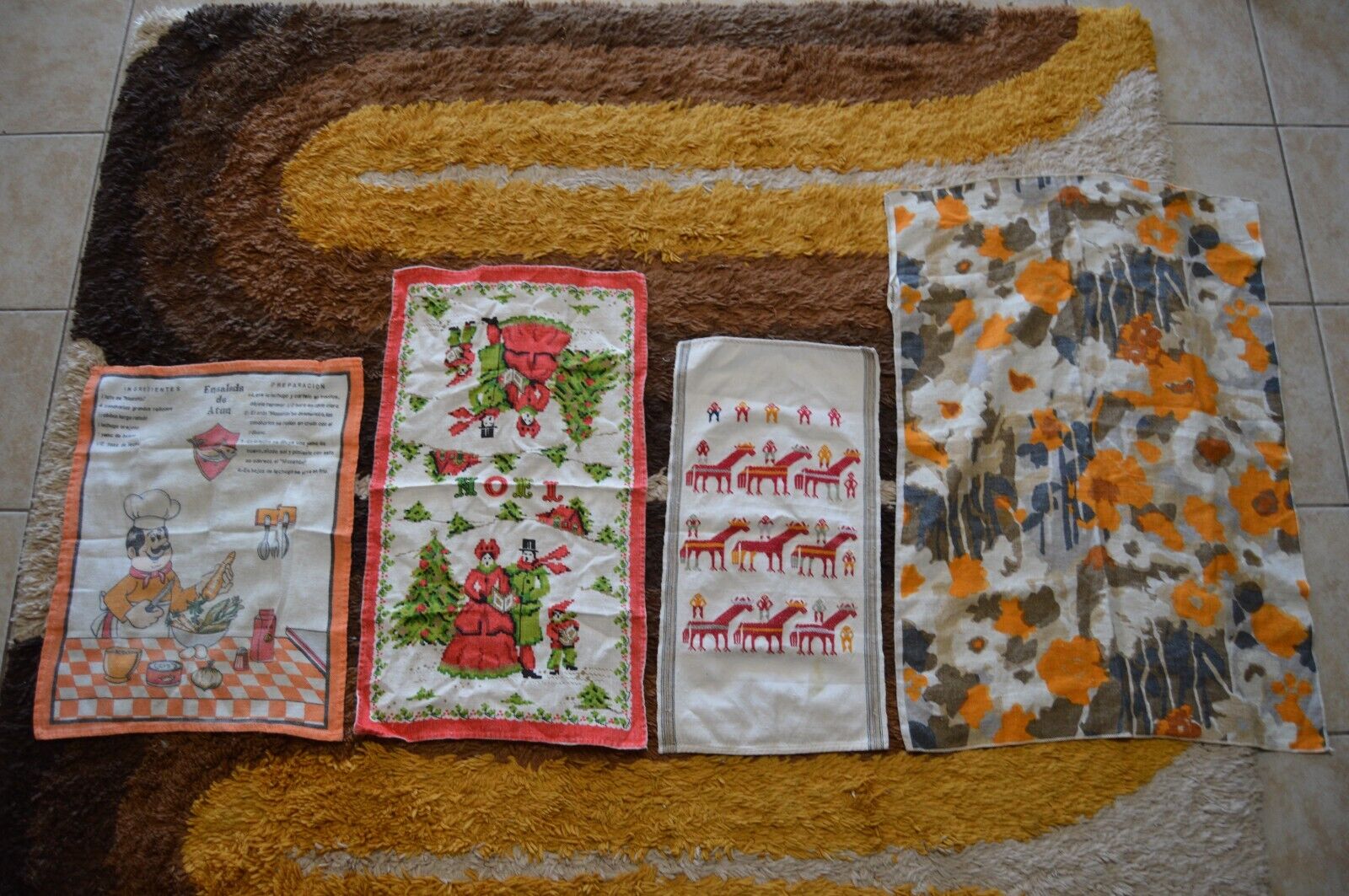 4 Vintage Linen Tea Towels Kitchen Collectible Christmas Floral Embroidered