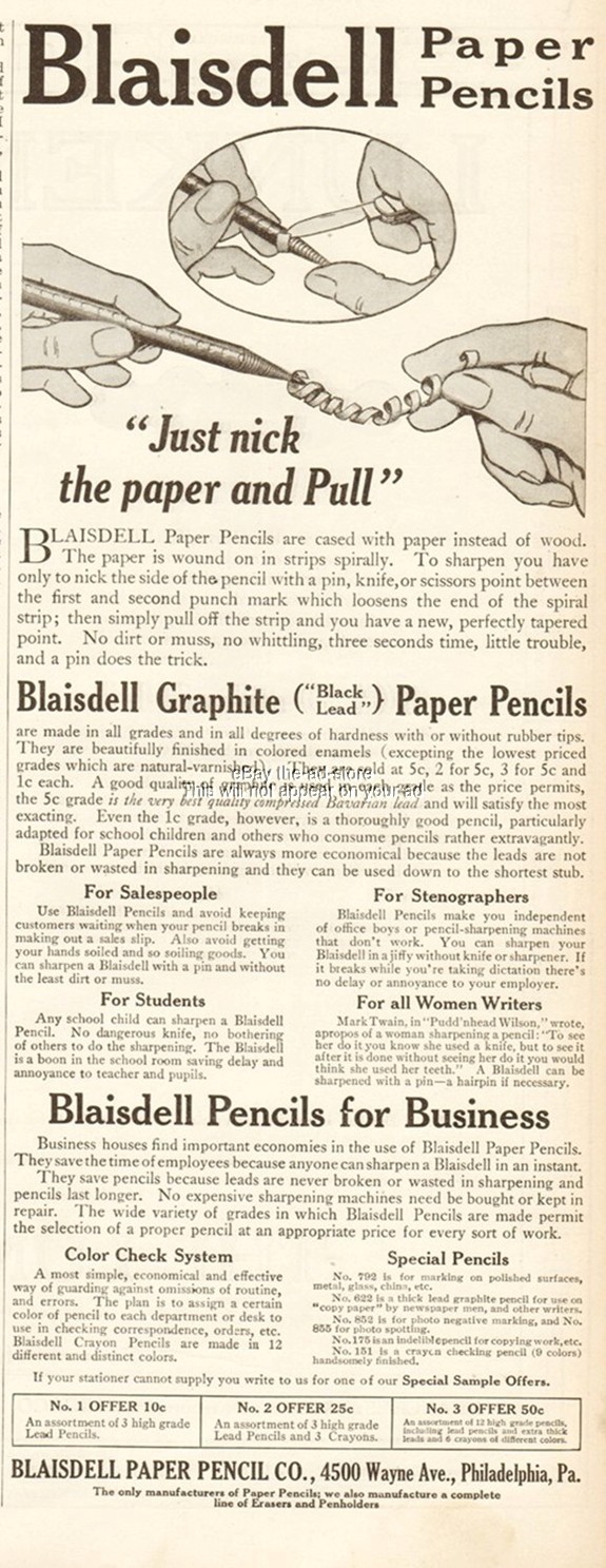 1911 Blaisdell Graphite Black Lead Paper Pencils Antique Print Ad Philadelphia