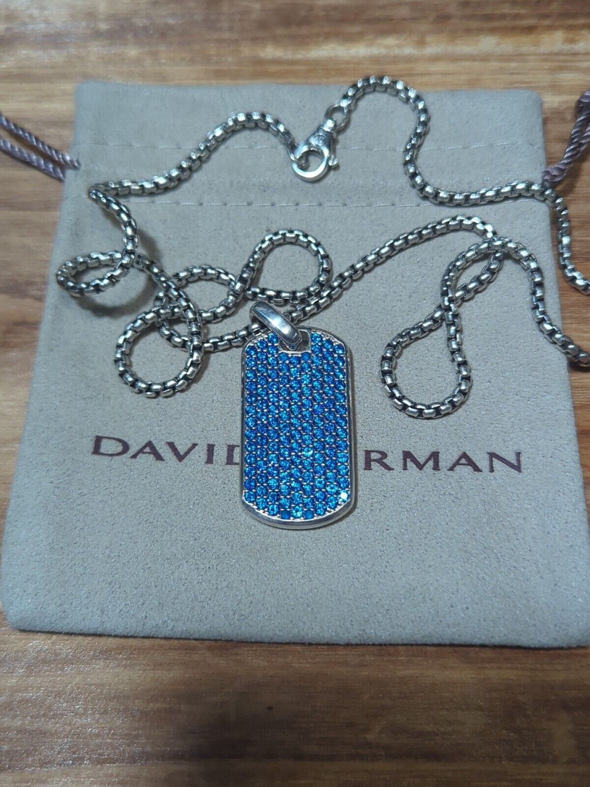 David yurman Sterling Silver 35mm Streamline Dog Tag With Blue Sapphires 22 inch
