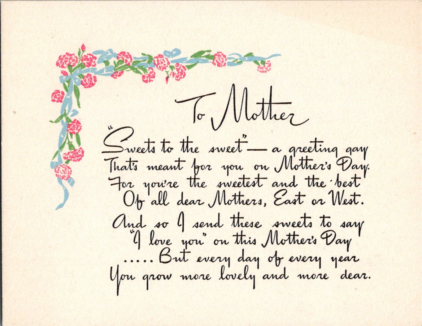 Vintage Mother Day Greeting Card To Mother..... Poem 