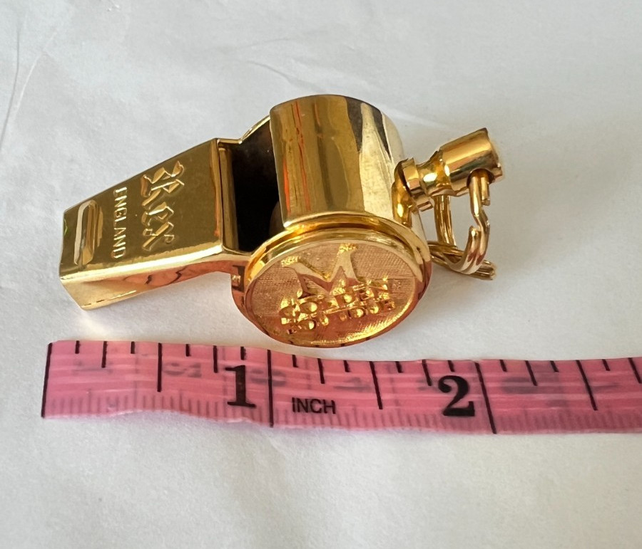 Vintage REX England Brass Whistle M Golden Boutique Cork Ball Pea Ref Police 2\ Vintage REX England Brass Whistle M Golden Boutique Cork Ball Pea Ref Police 2\