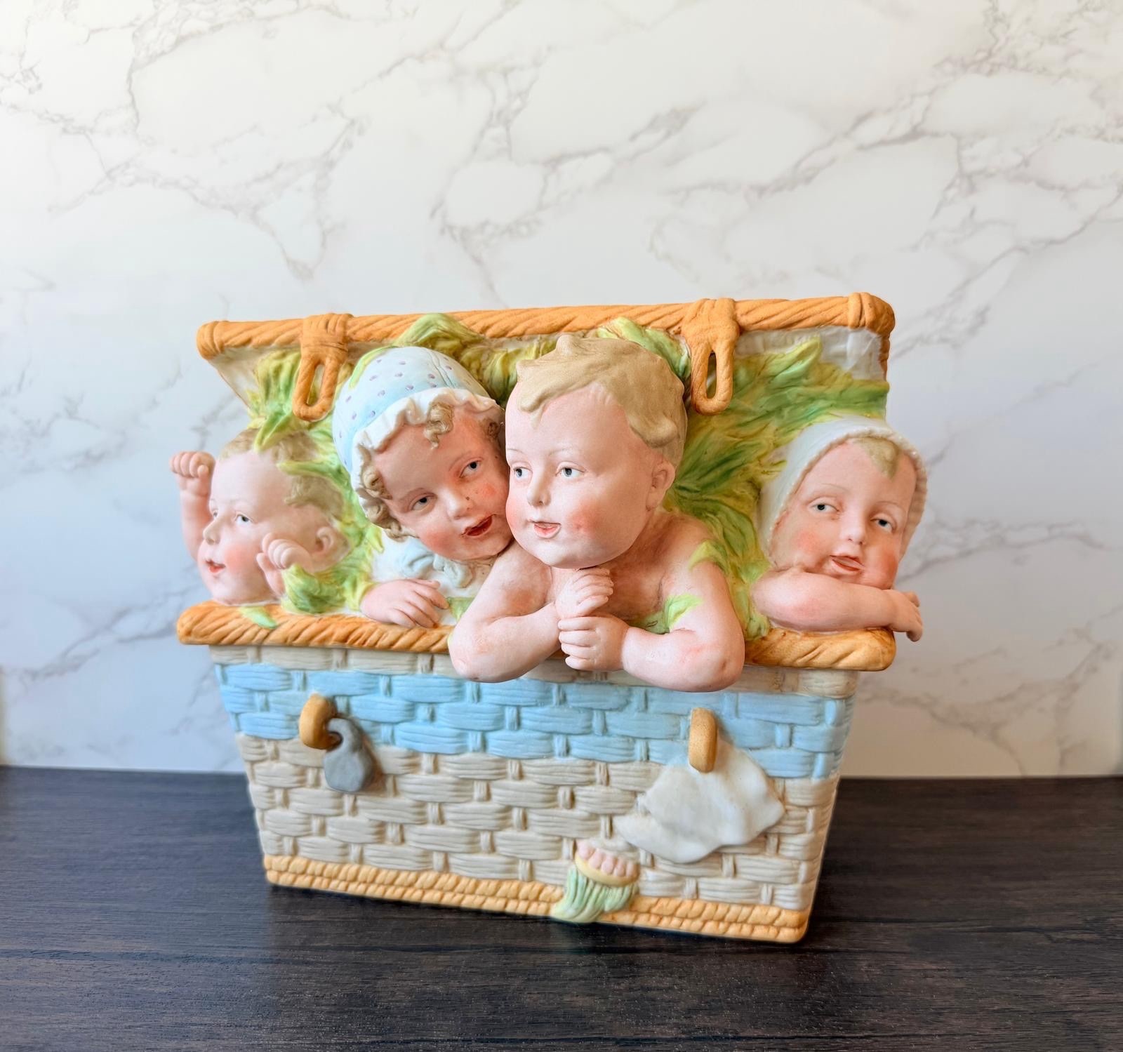 Rare Large Heubach Babies In A Basket German Bisque Figurine Piano Baby Rare Large Heubach Babies In A Basket German Bisque Figurine Piano Baby