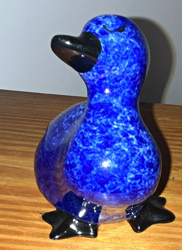 Blue W/ White Ceramic Duck Figurine with Black Beak and Feet Decorative Statue