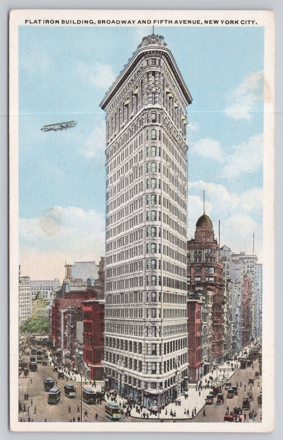 Flat Iron Building NYC Postcard c.1910s Broadway Fifth Avenue Biplane