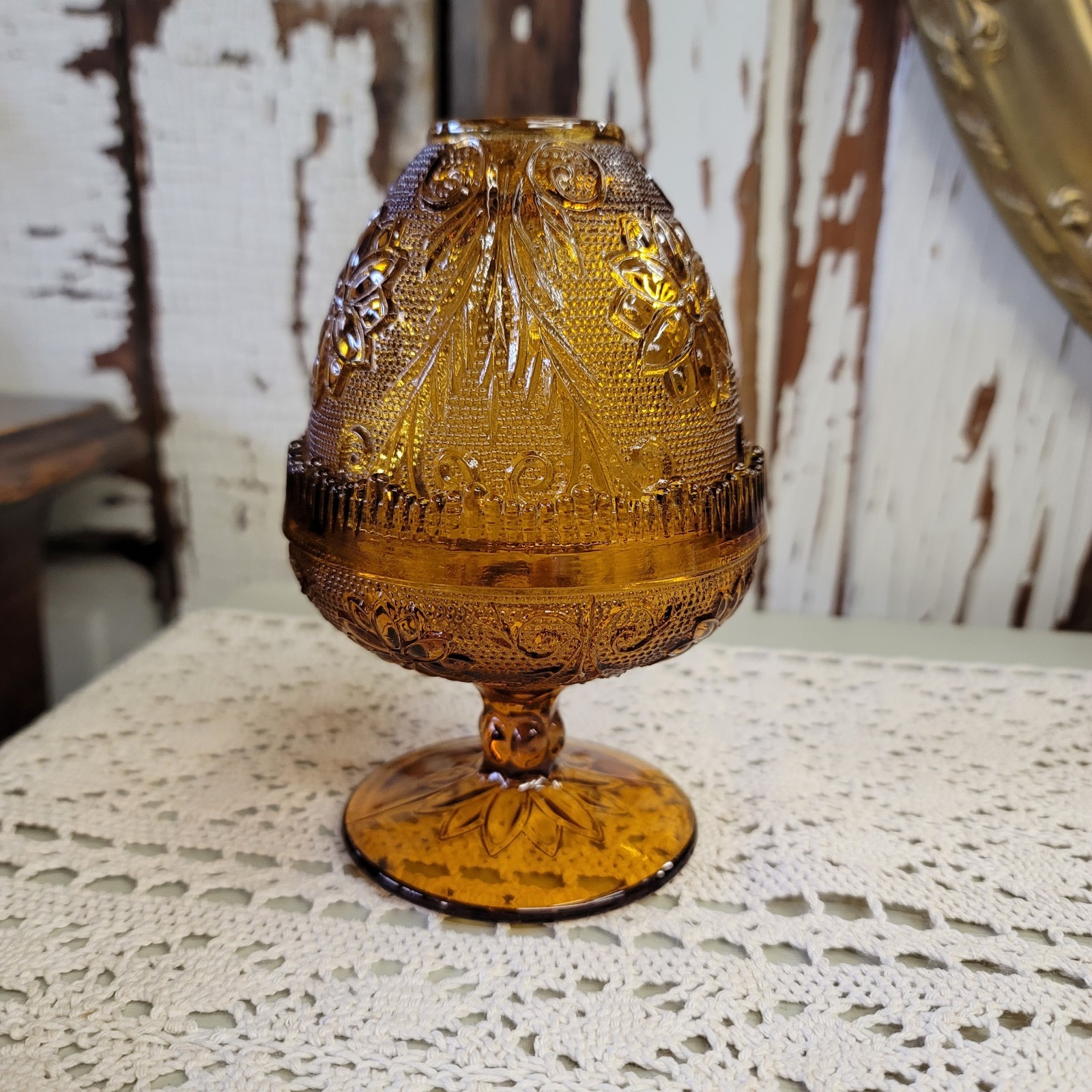 Vintage Indiana Amber Glass Fairy Lamp Light  Sandwich Pattern Tiara Married Set