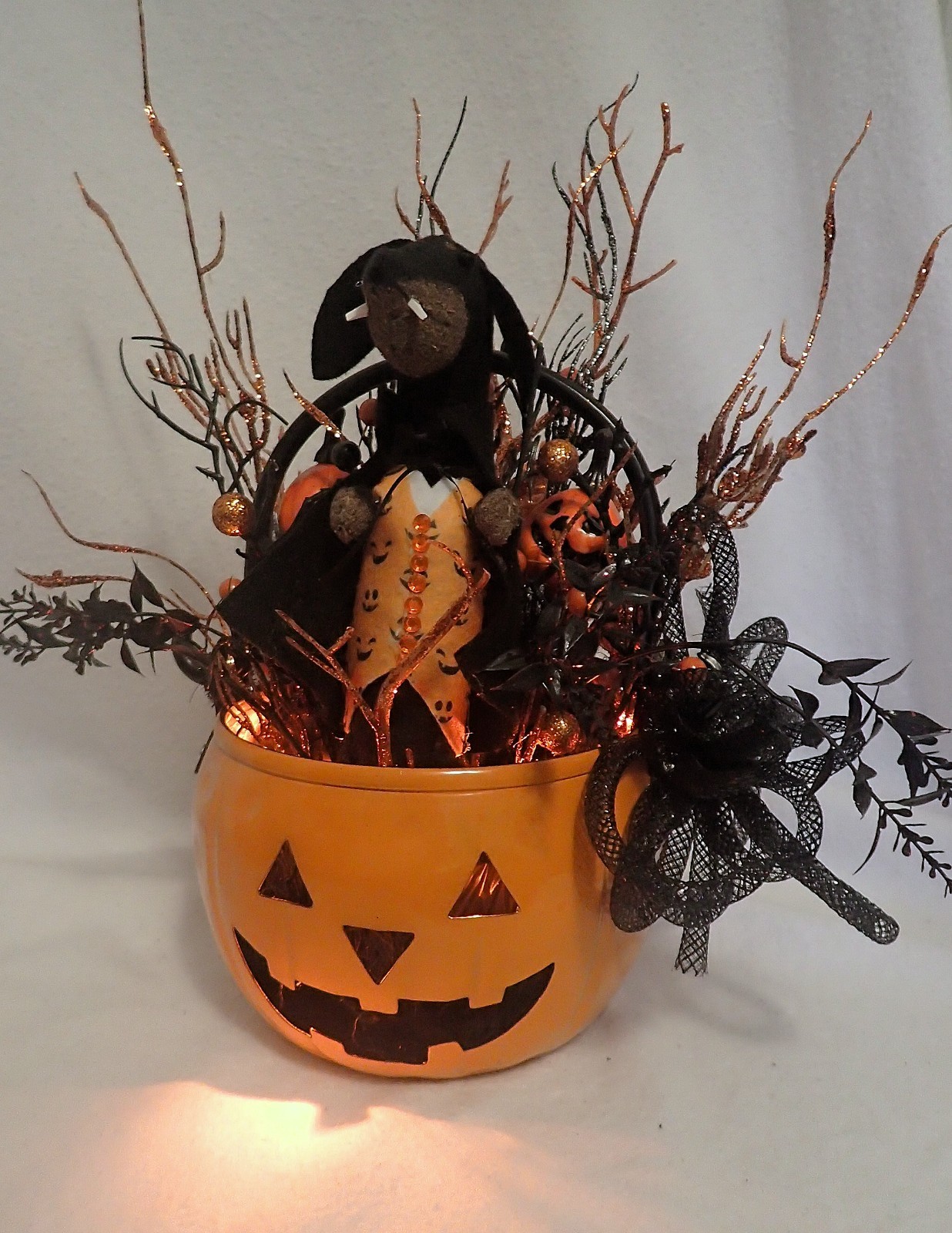 Felt Dachshund Black Tan Jack-o-Lantern Orange metal lighted Halloweenie decor