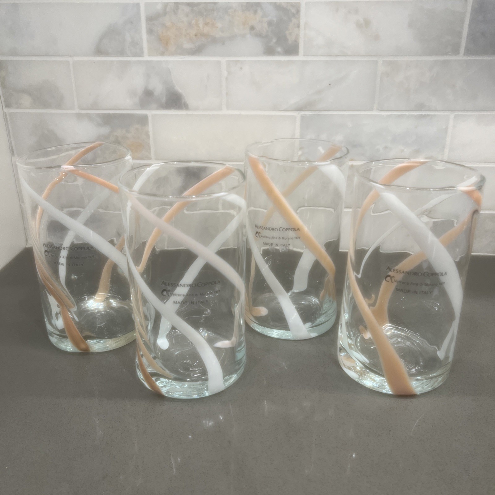 Set of 4 Murano Alessandro Coppola Peach Swirled  5.75” Indented Glasses 
