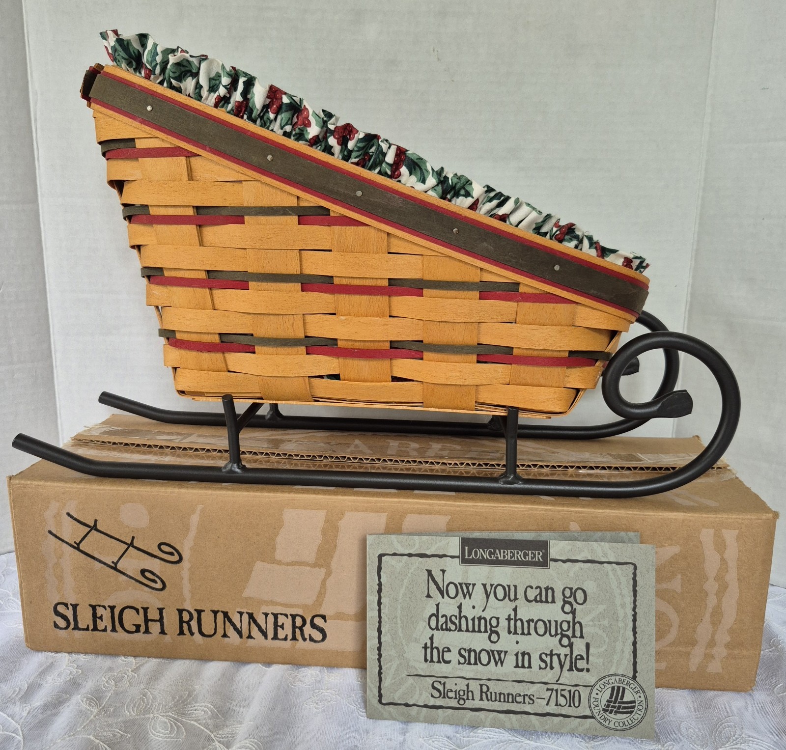 1997 Longaberger Sleigh Basket, Wrought Iron Runners, Liner & Plastic Protector
