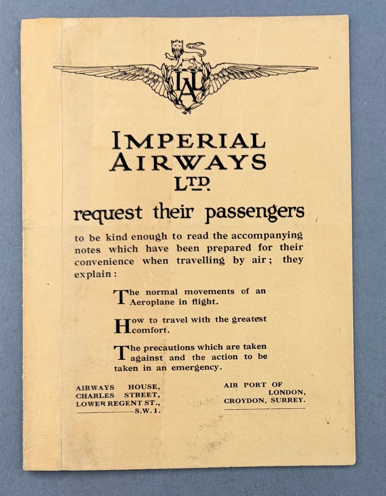 Imperial Airways Airline Safety Card Passenger Information Brochure 1930 Croydon