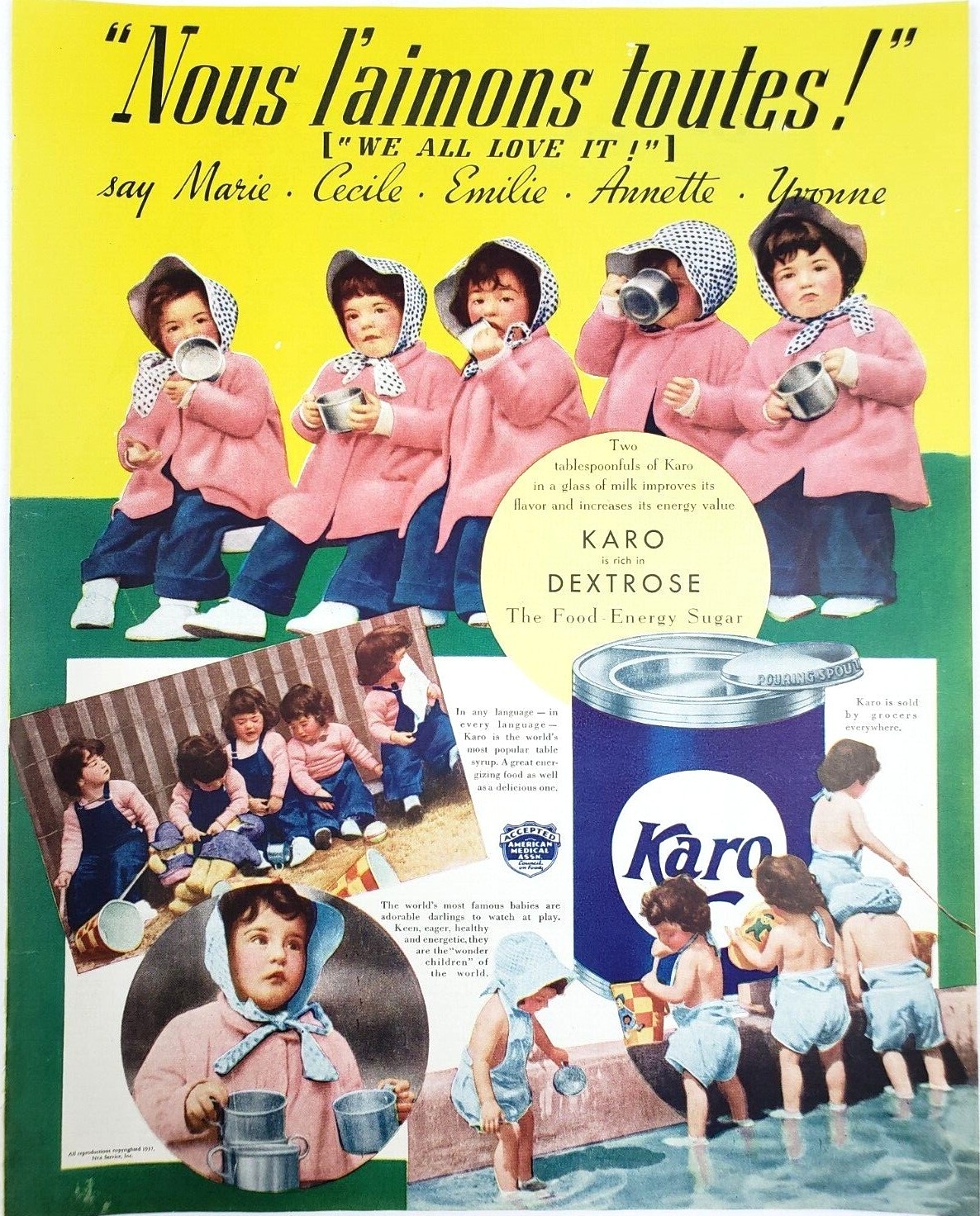 Dionne Quintuplet Karo Syrup Vtg Ad We All Love It Marie Cecile Emilie Annette