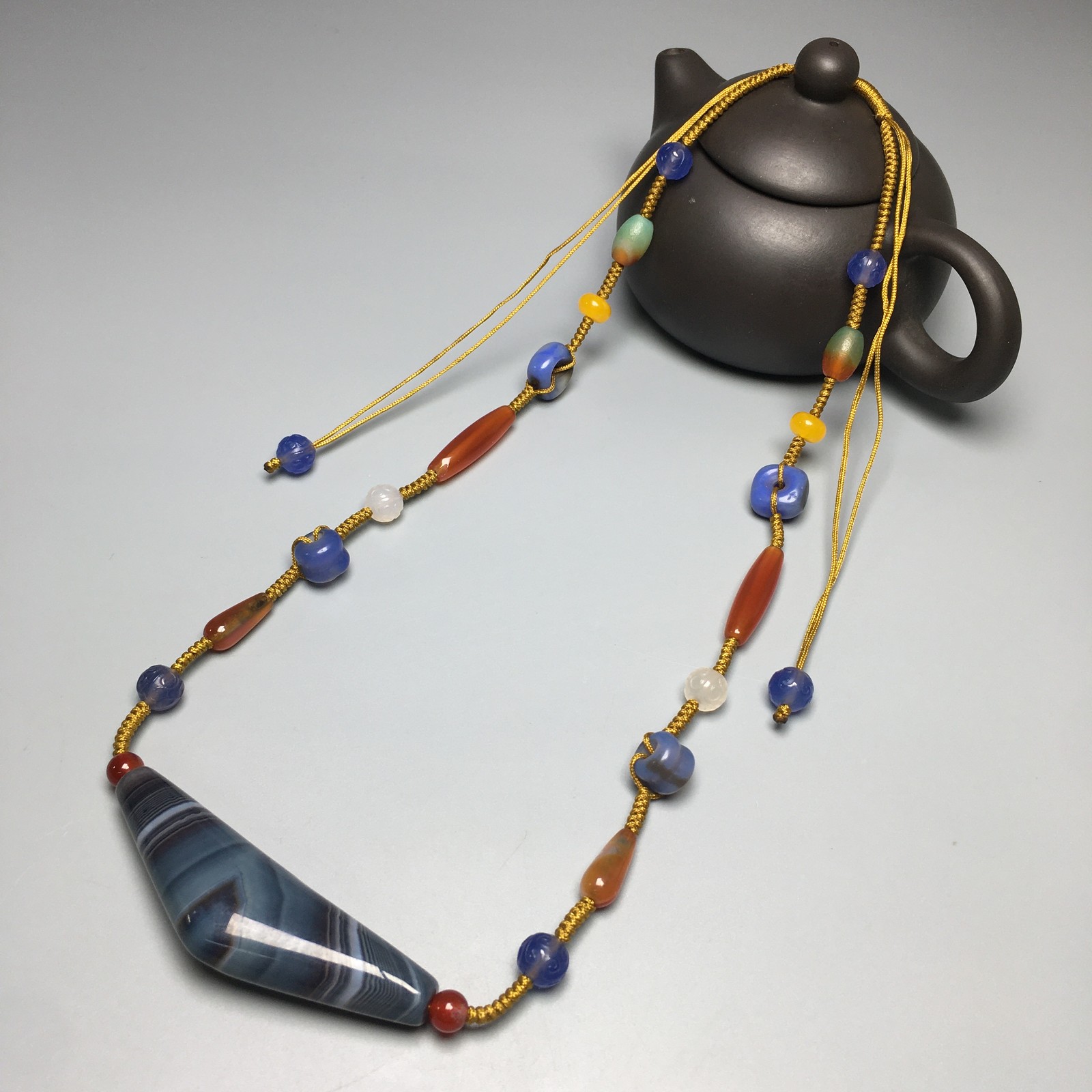 Natural Banded HighOil Patina Old Agate Necklace Antique Vintage CollectibleB555