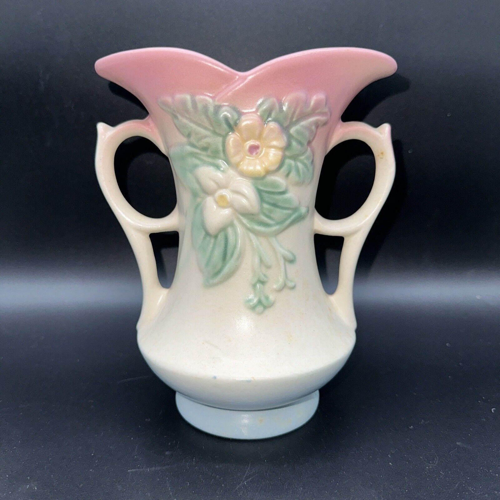 Vtg Hull Art Pottery Wild Flower Vase -Double Handle-Flare top Blue Pink Yellow