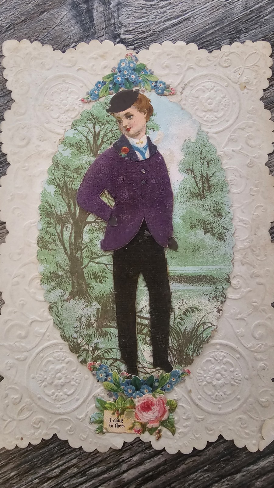 Rare Antique Victorian Paper Lace Valentine Card c.1870s Applied Felt & Crystal