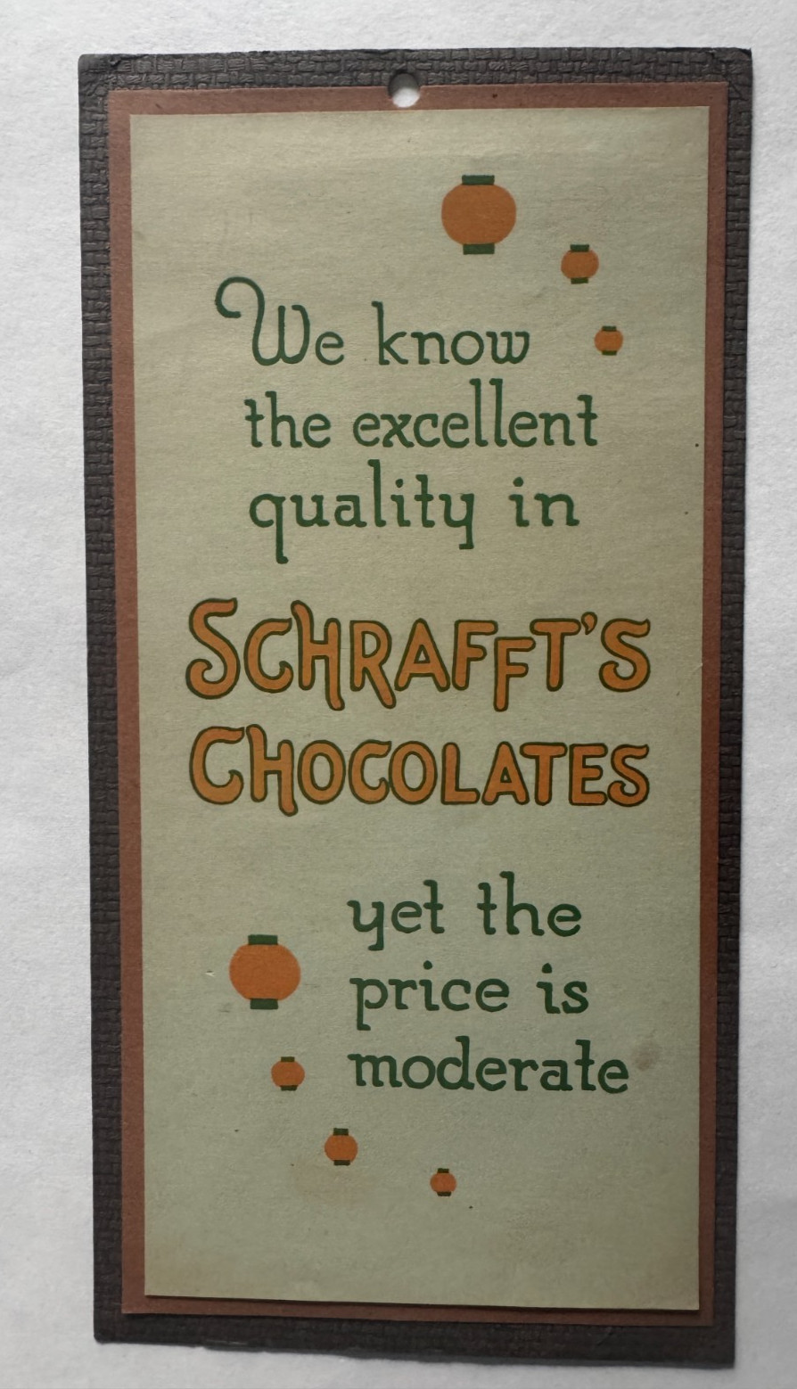 Vintage Paper Advertising Sign Placard Schrafft\'s Chocolates Cardboard color