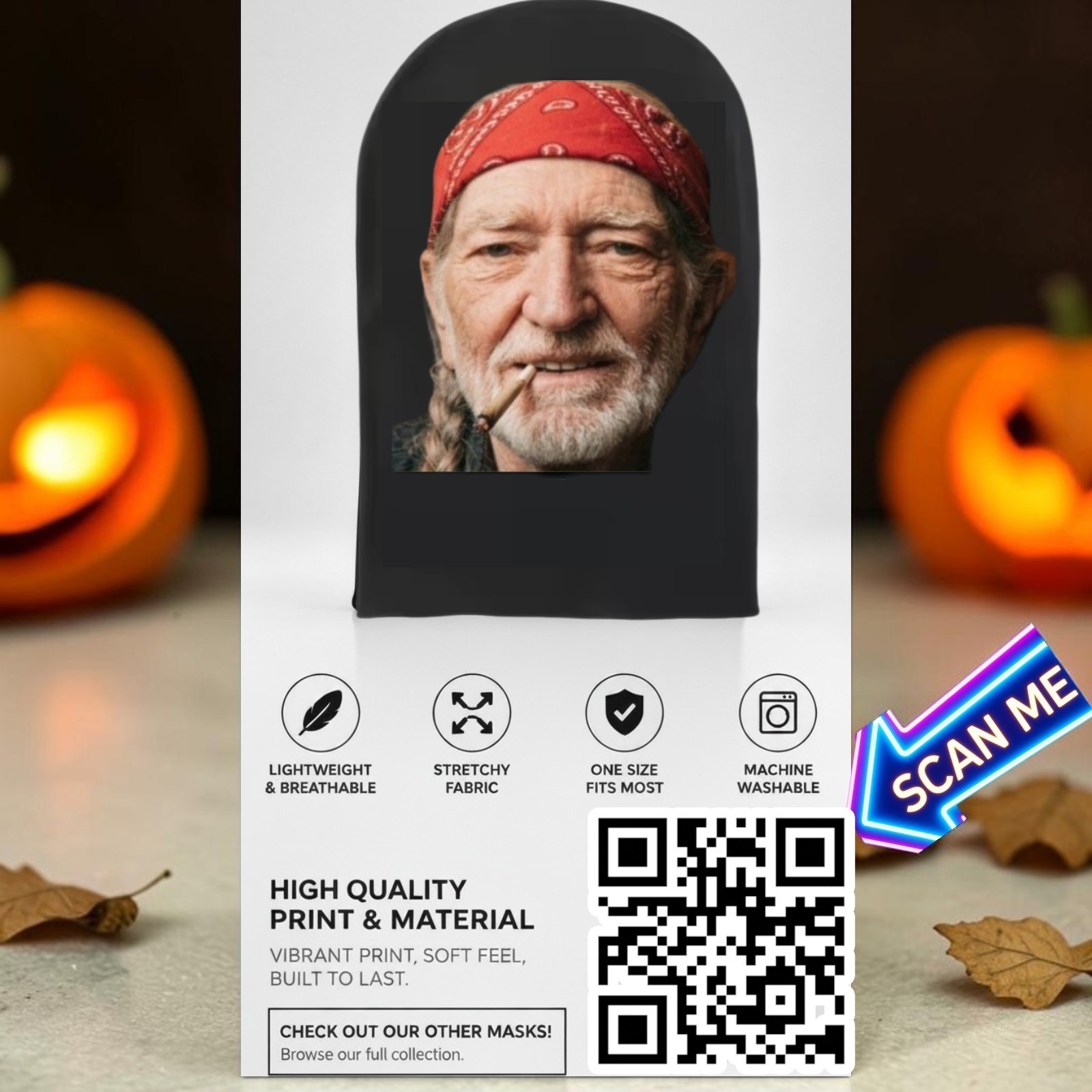 RARE Willie Nelson Novelty Face Mesh MASK COSTUME Smoking Weed Joint Red Bandana