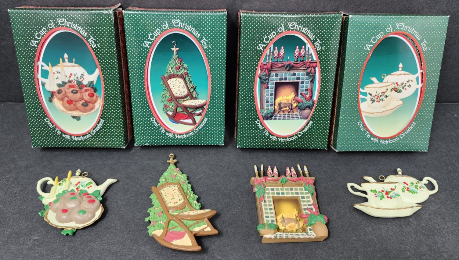 A Cup Of Christmas Tea RARE Set of 4 Ornaments with Original Tins and Boxes