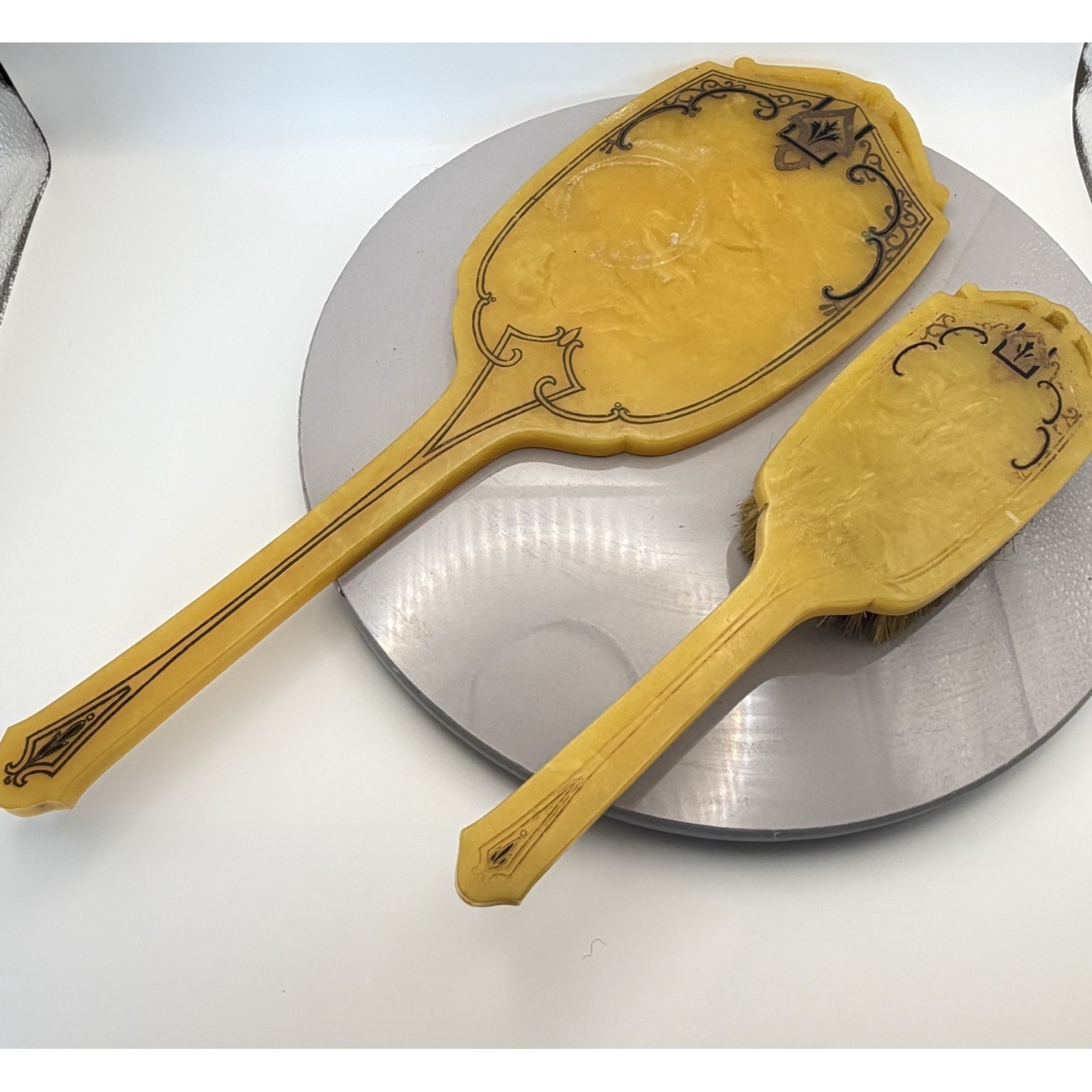 Art Deco Celluloid Hand Held Vanity Mirror & Brush Set Yellow Vintage  READ