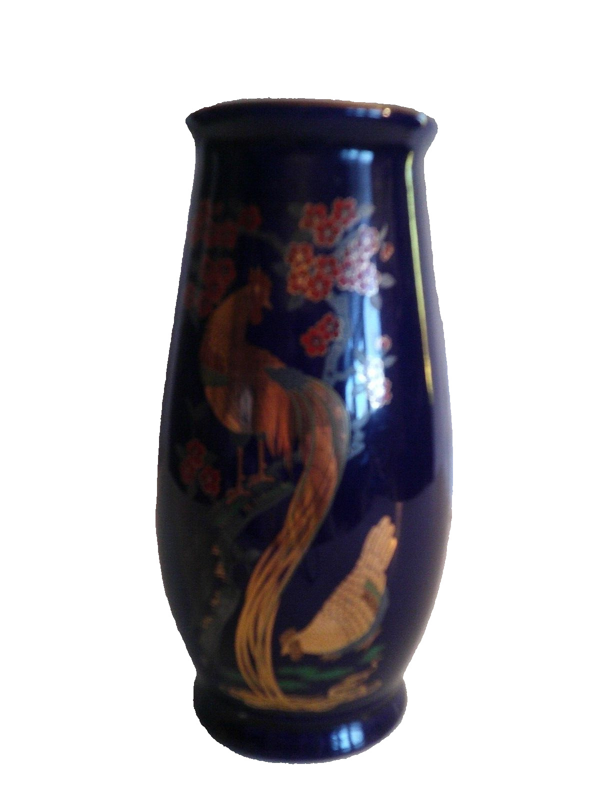 Antique Kutani Blue Vase With Roosters And Flowers 7 1/2\