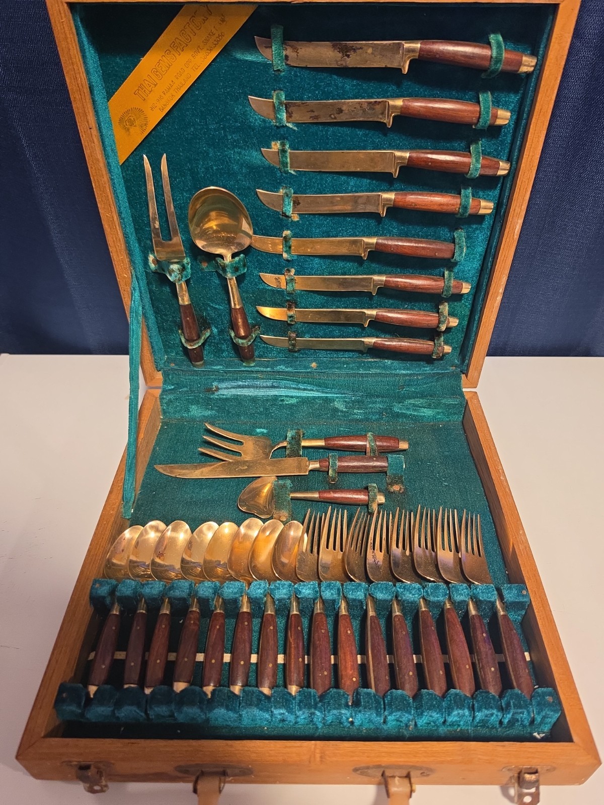 Vintage 29pc Thai Gems Factory Brass Rosewood Flatware Set Wood Case