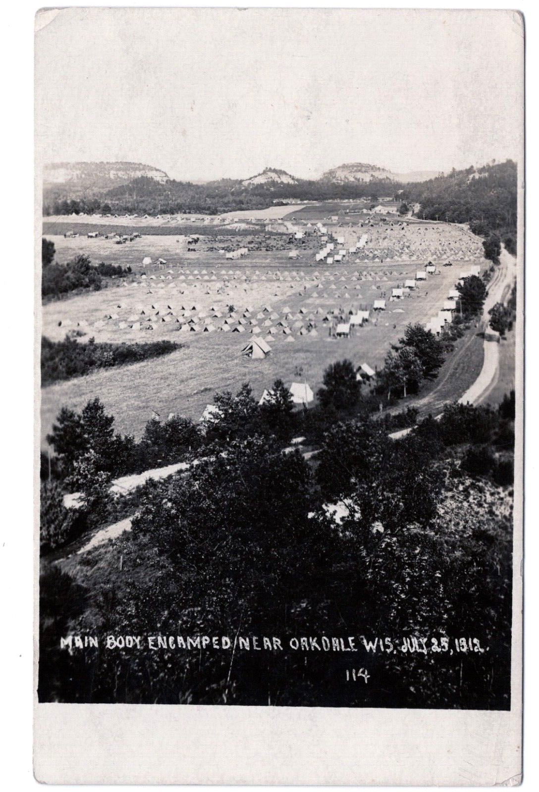 Main Body Encamped Near Oakdale WI Military Tents  Real Photo Postcard RPPC
