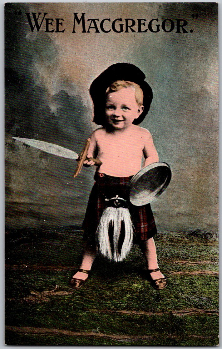 Antique c1910's Postcard ~ Wee Macgregor Child in Kilt Sword Shield Unposted