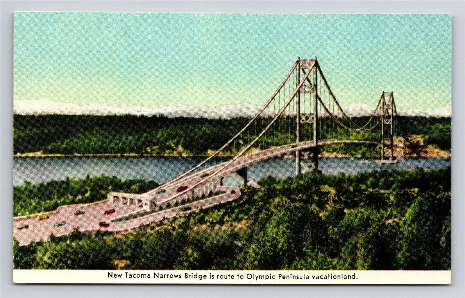 New Tacoma Narrows Bridge to Olympic Peninsula Washington WA Vtg Postcard View A