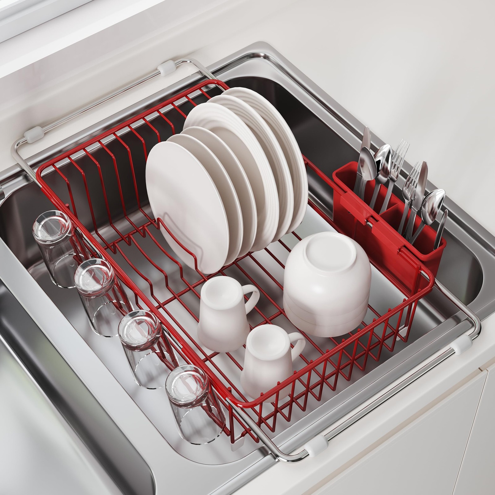 JASIWAY Red Stainless Steel Over Sink Dish Drying Rack w/ Utensil Holder JASIWAY Red Stainless Steel Over Sink Dish Drying Rack w/ Utensil Holder