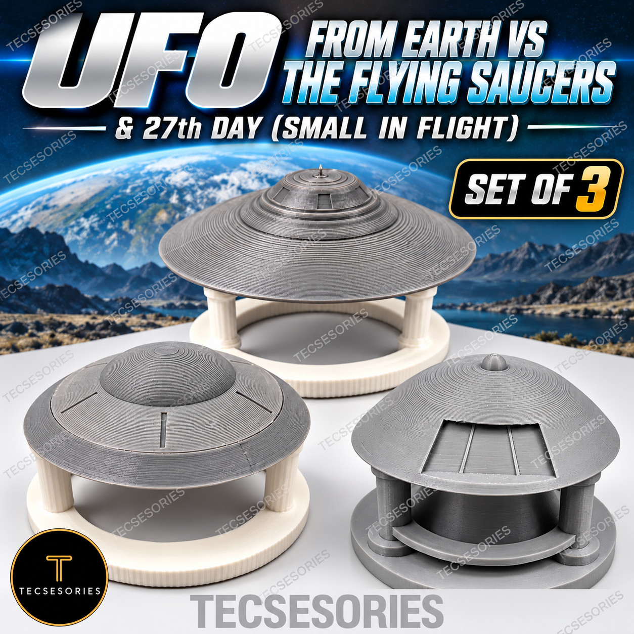 UFO Flying Saucer Set of 3 with Stands Lazar Sport Jupiter 2 Earth vs Saucers UFO Flying Saucer Set of 3 with Stands Lazar Sport Jupiter 2 Earth vs Saucers
